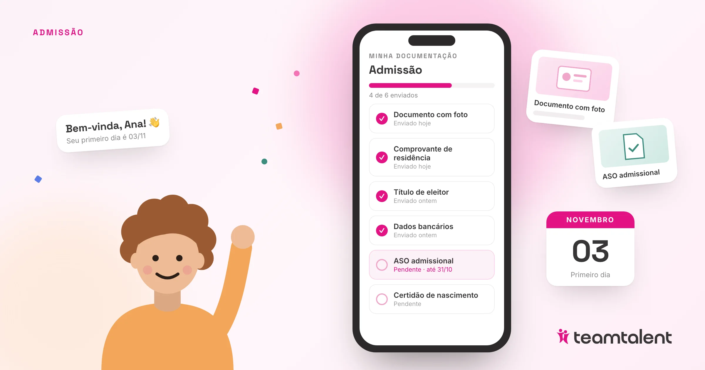 Ilustração de uma nova colaboradora acenando ao lado de um celular com a lista de documentos da admissão e o calendário do primeiro dia